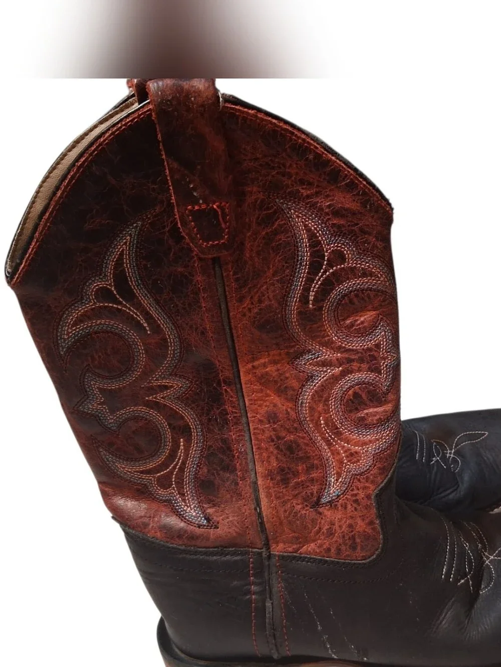 Old West Broad Square Toe Western Cowboy Boots Black & Maroon 2.5D Youth Size